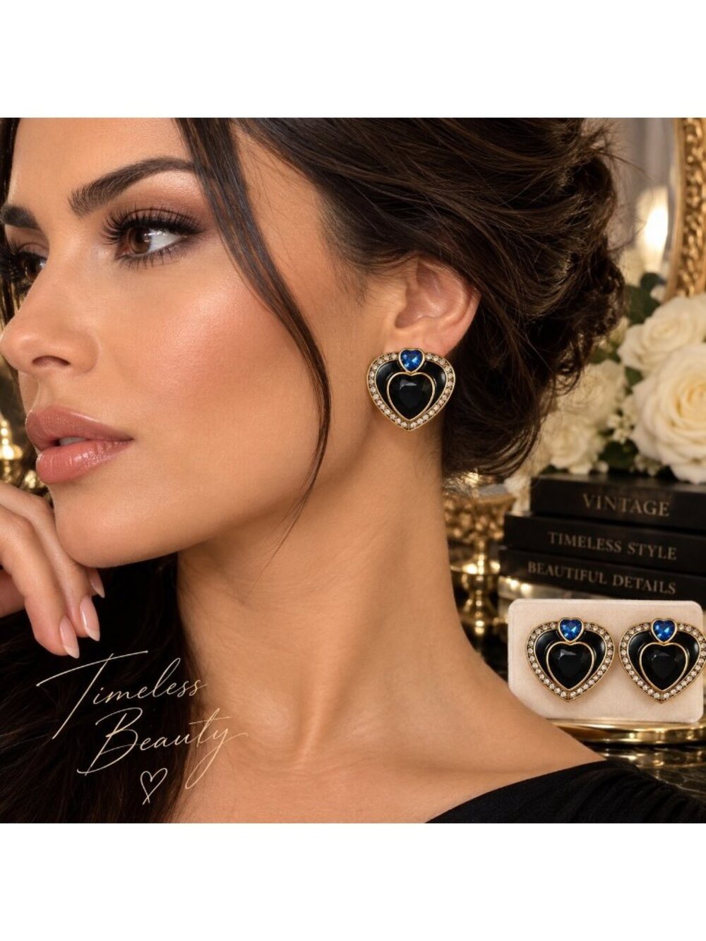 Black Heart Blue Crystal Rhinestone Gold Tone Clip On Statement Earrings